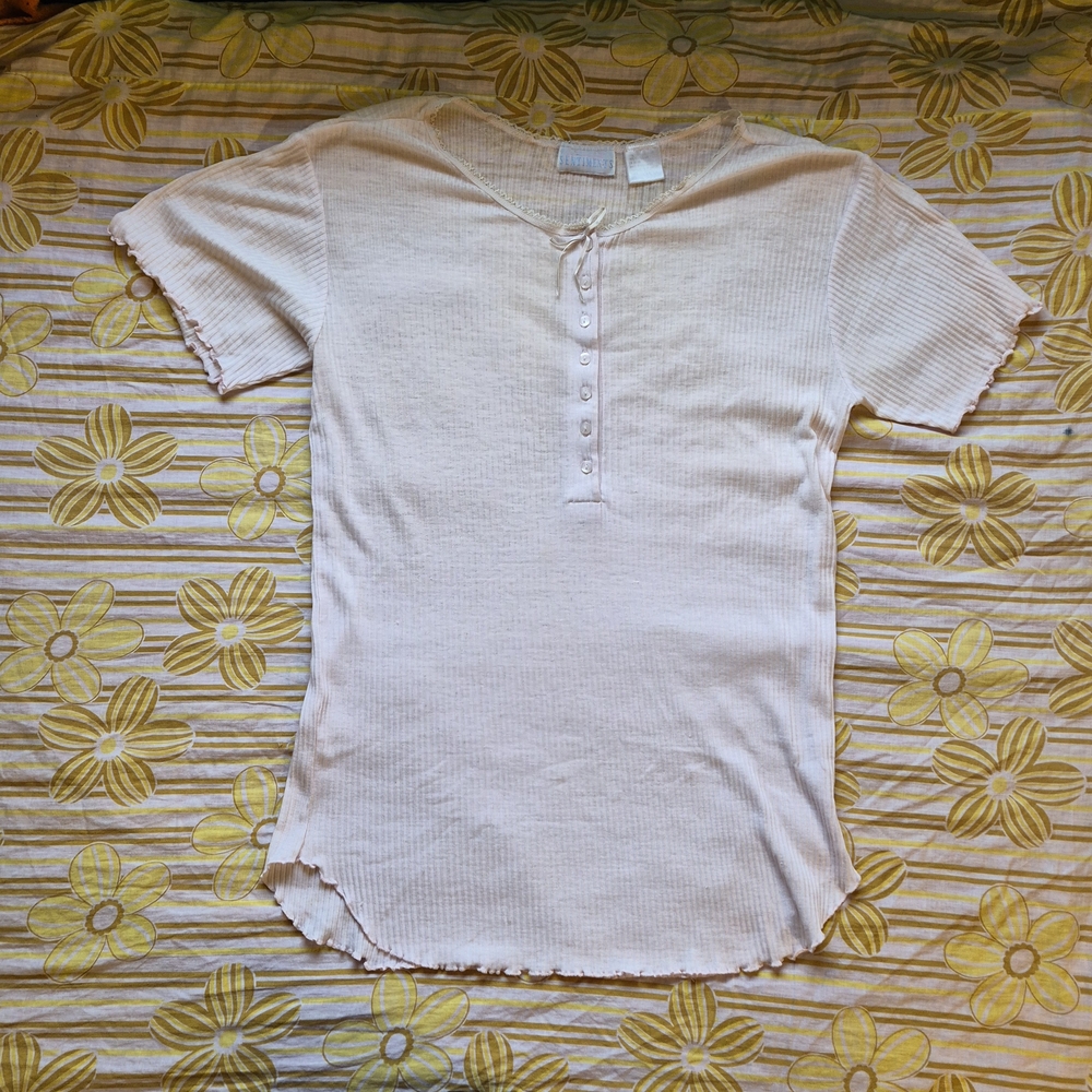 Short Sleeve Ribbed Henley Tee - Light Pink